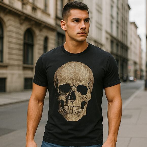 Rush Couture Rhinestone Skull Men Tee Bling T-shirt Size M Black Grunge Goth NWT - Picture 3 of 8